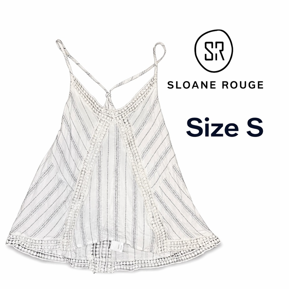 Sloane Rouge Women's Small White Striped Crochet Trim Cami Tank Top USA EUC